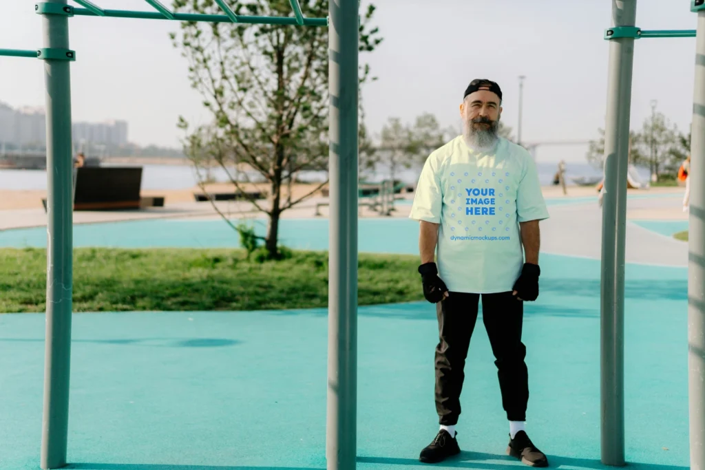 Man Wearing Cream T-shirt Mockup Front View Template