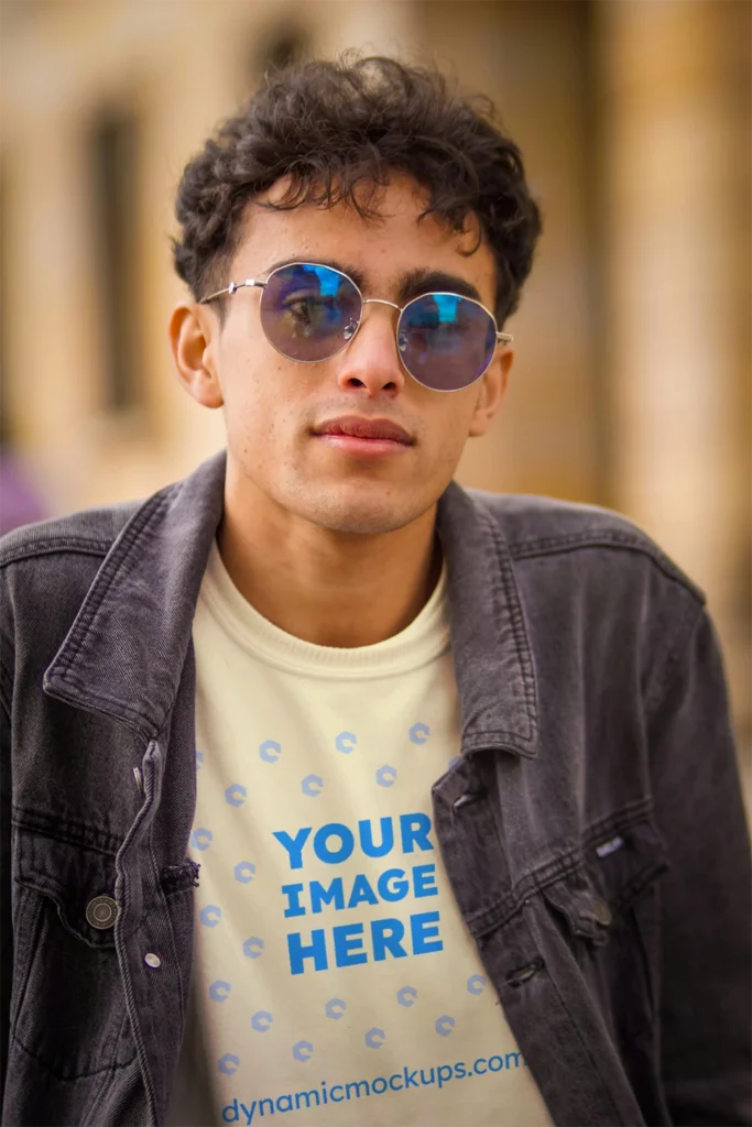 Man Wearing Cream T-shirt Mockup Front View Template