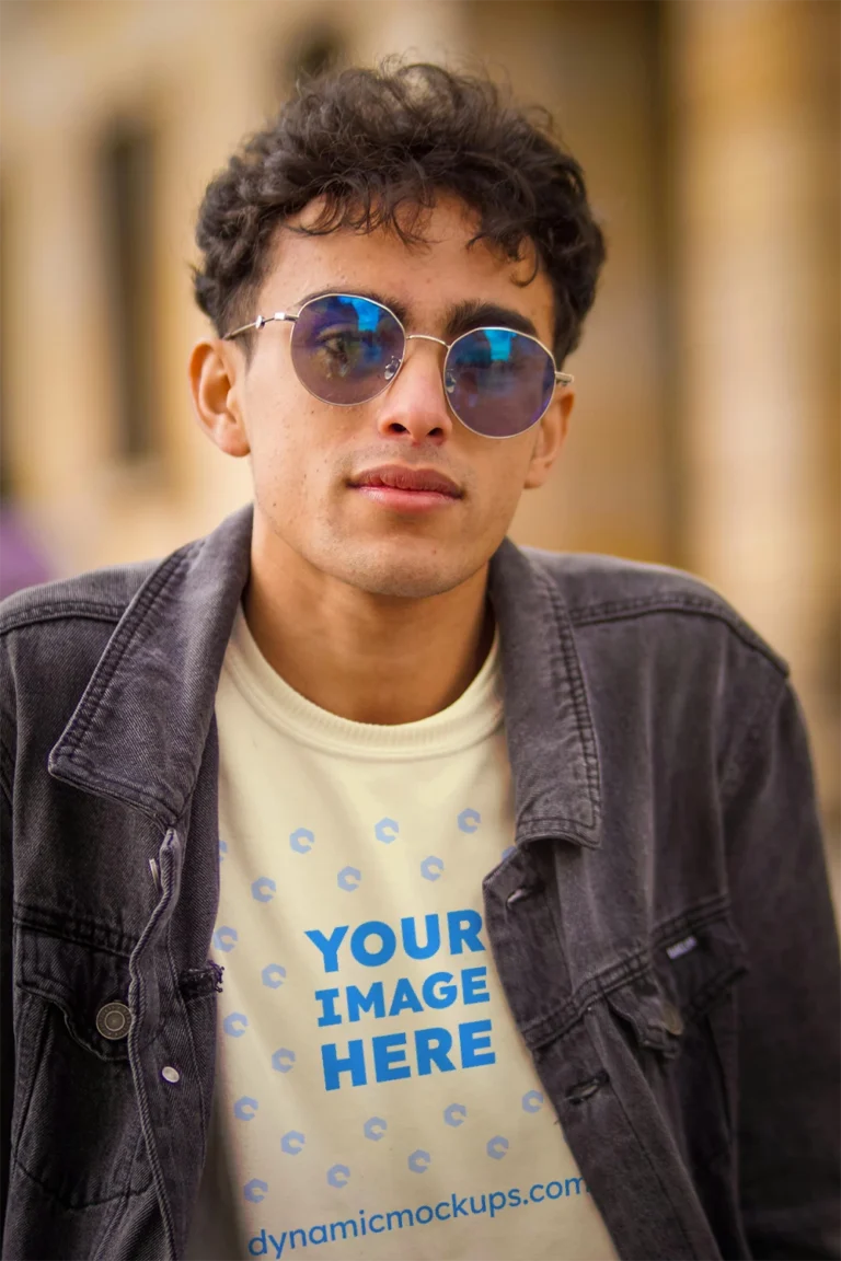 Man Wearing Cream T-shirt Mockup Front View Template