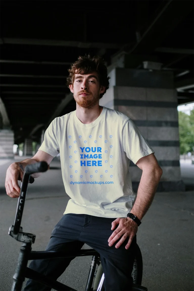 Man Wearing Cream T-shirt Mockup Front View Template