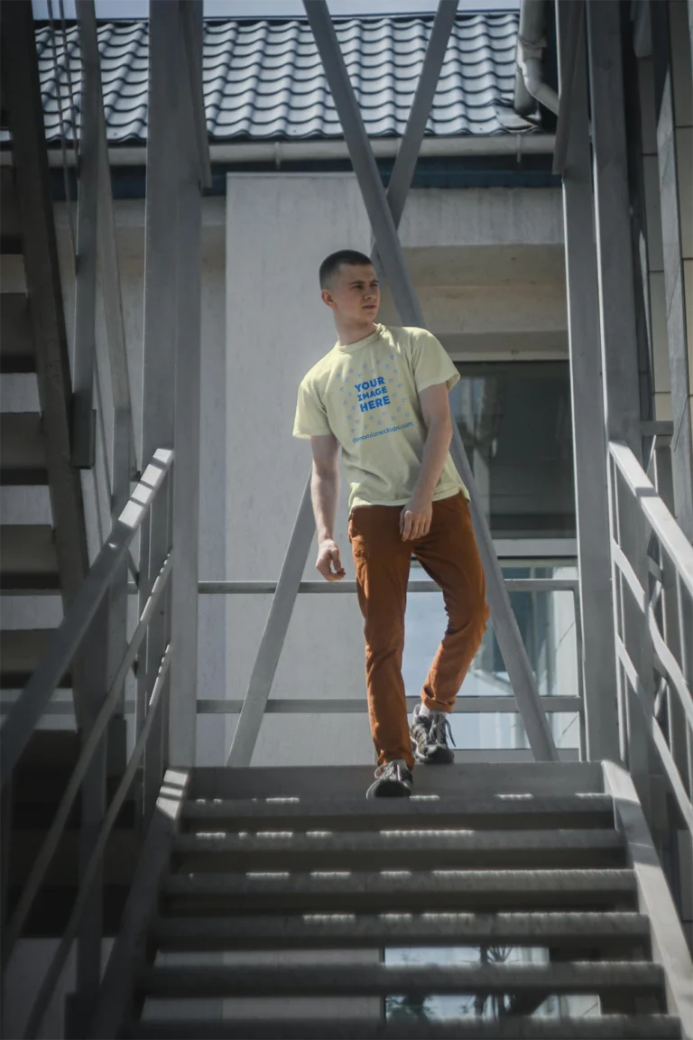 Man Wearing Cream T-shirt Mockup Front View Template