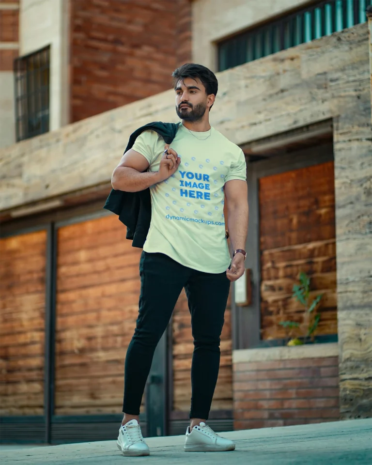 Man Wearing Cream T-shirt Mockup Front View Template