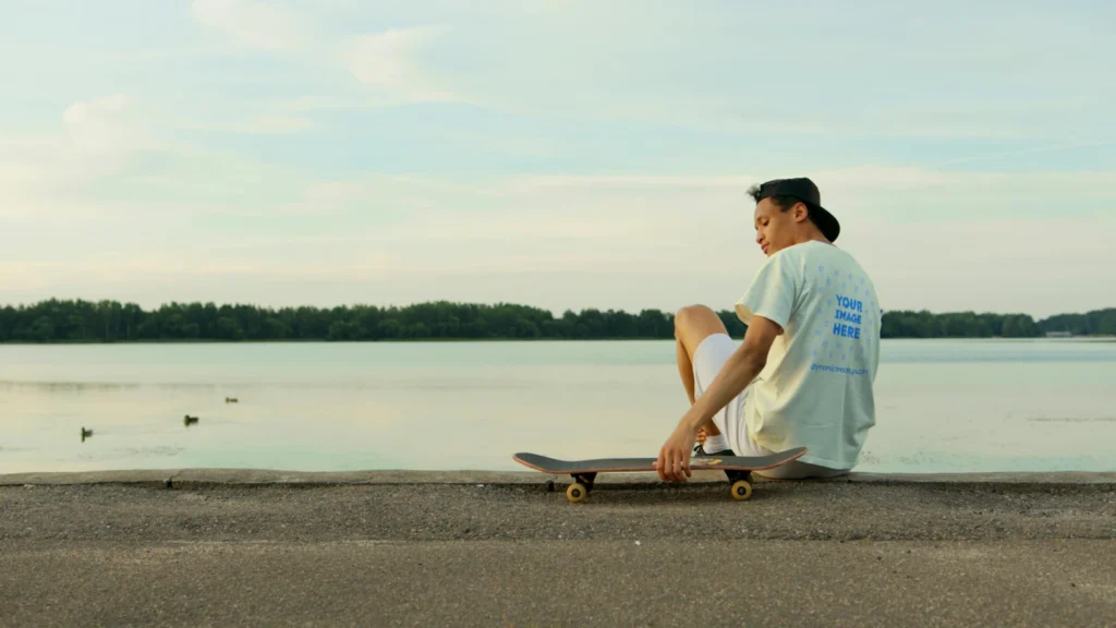 Man Wearing Cream T-shirt Mockup Front View Template