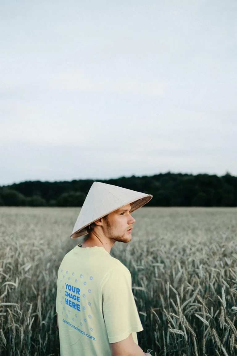 Man Wearing Cream T-shirt Mockup Front View Template