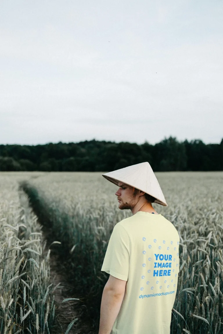 Man Wearing Cream T-shirt Mockup Front View Template