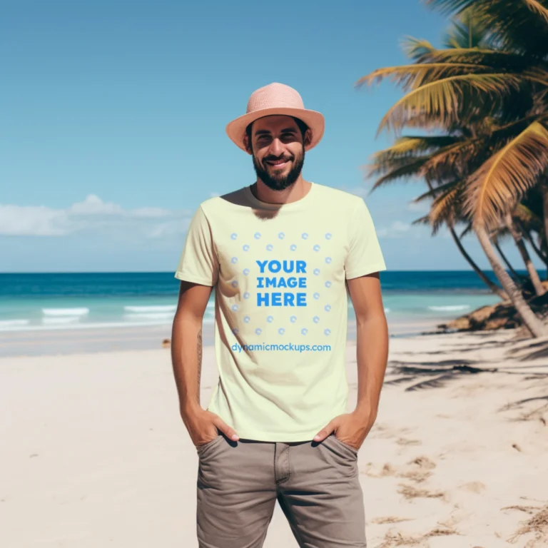 Man Wearing Cream T-shirt Mockup Front View Template