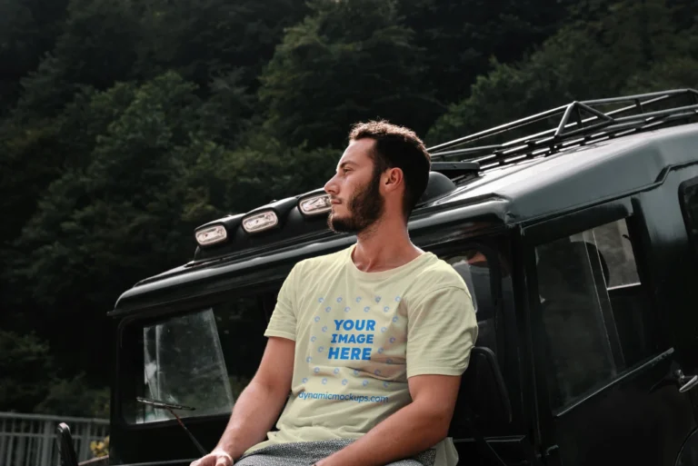 Man Wearing Cream T-shirt Mockup Front View Template