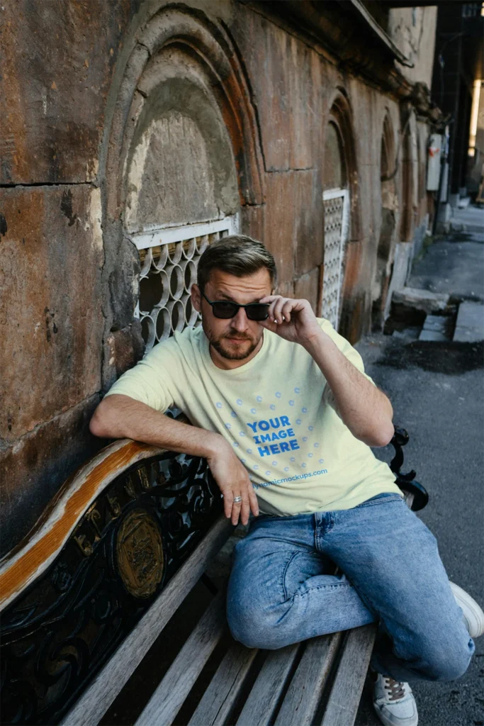 Man Wearing Cream T-shirt Mockup Front View Template