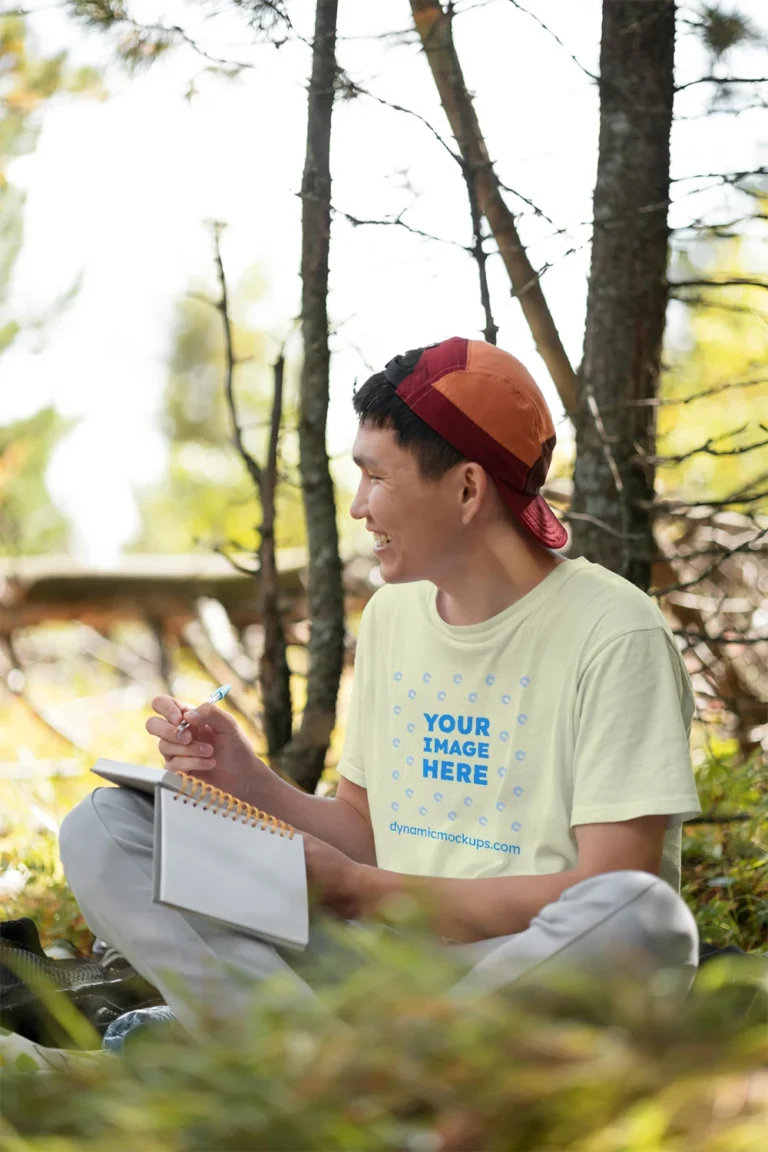 Man Wearing Cream T-shirt Mockup Front View Template