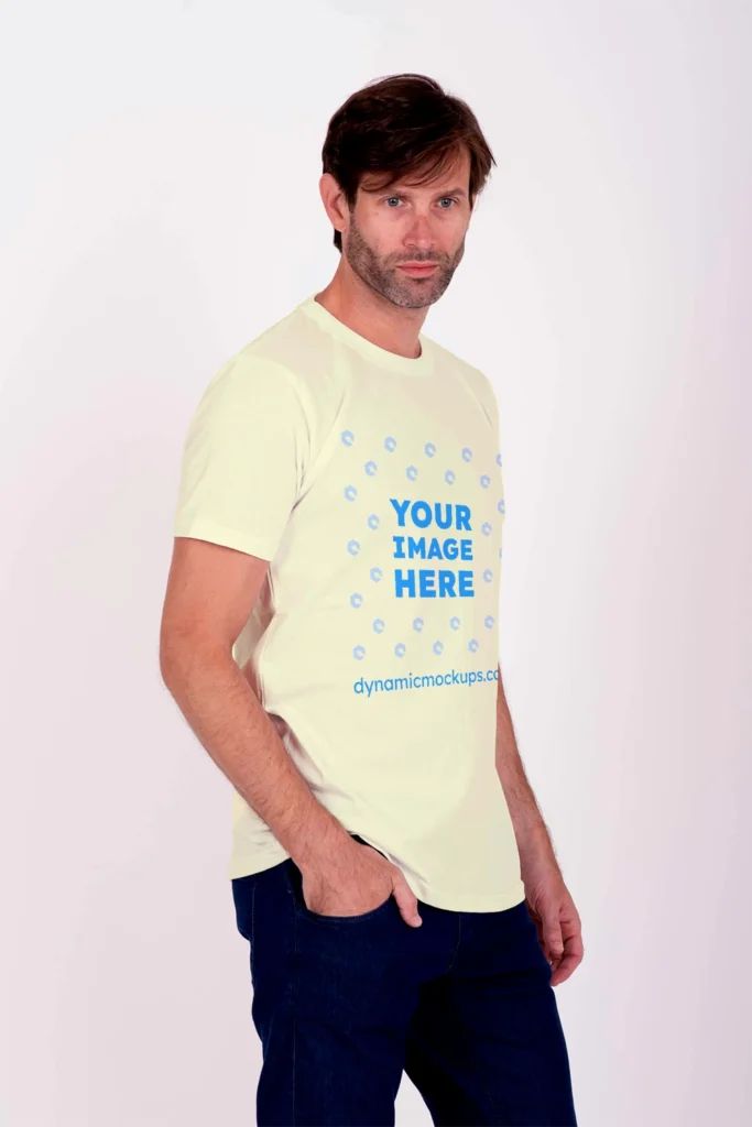 Man Wearing Cream T-shirt Mockup Side View Template