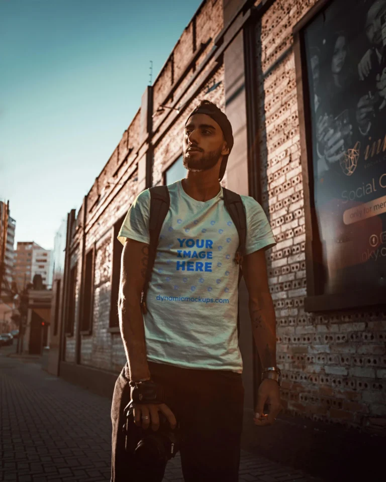 Man Wearing Cream T-shirt Mockup Front View Template