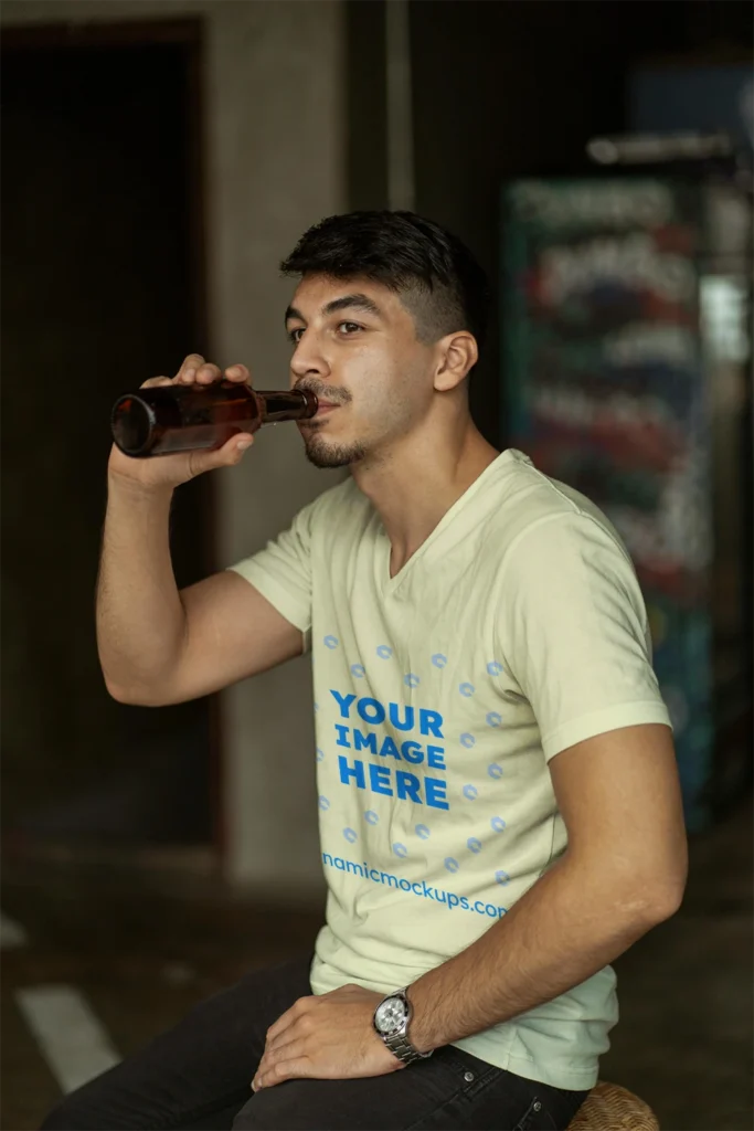 Man Wearing Cream T-shirt Mockup Side View Template