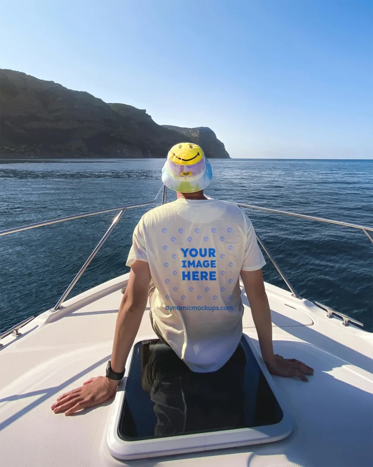 Man Wearing Cream T-shirt Mockup Back View Template