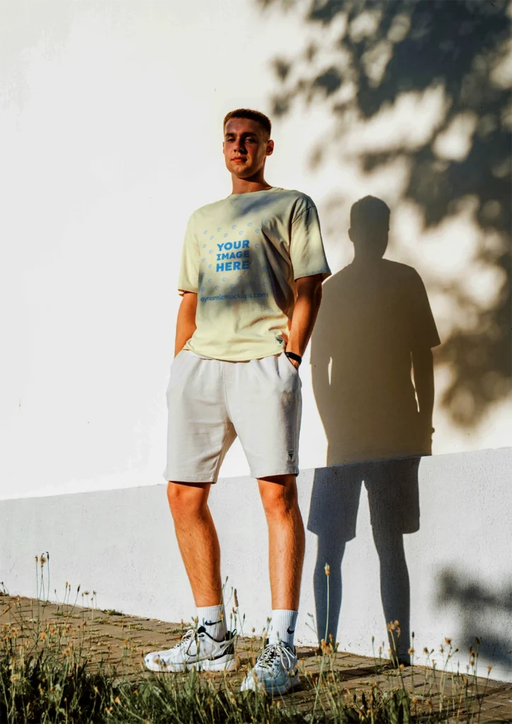 Man Wearing Cream T-shirt Mockup Front View Template