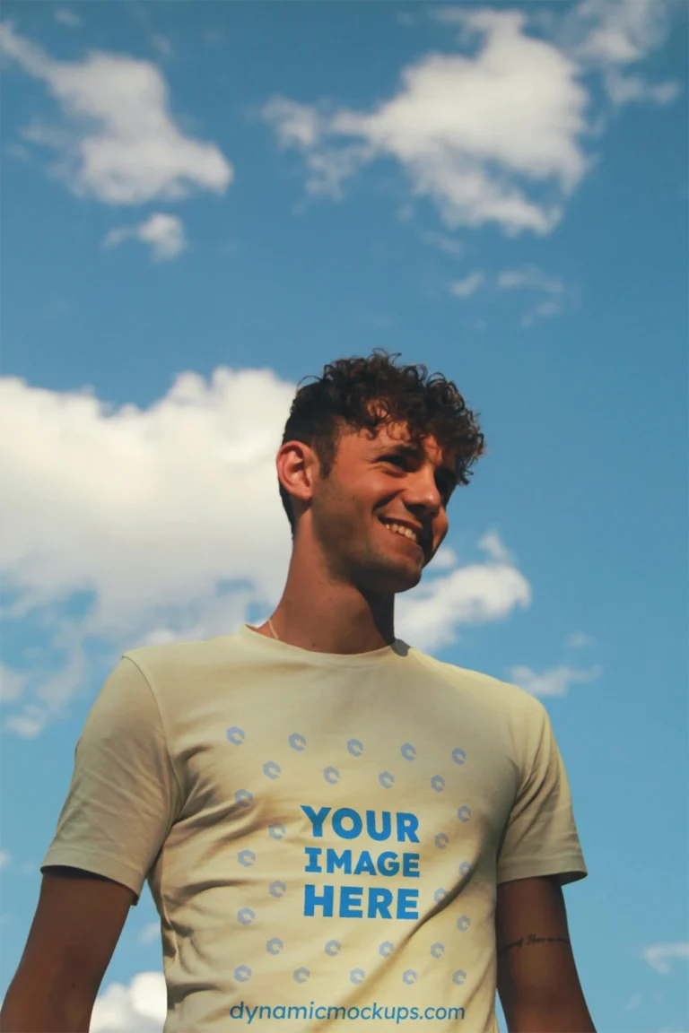 Man Wearing Cream T-shirt Mockup Front View Template