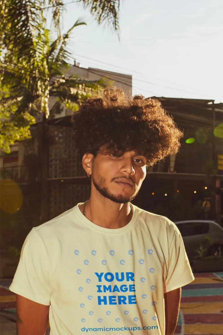 Man Wearing Cream T-shirt Mockup Front View Template