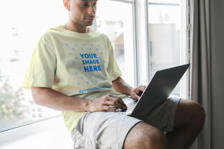 Man Wearing Cream T-shirt Mockup Front View Template