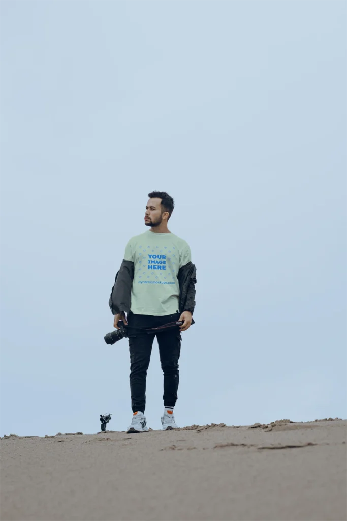 Man Wearing Cream T-shirt Mockup Front View Template