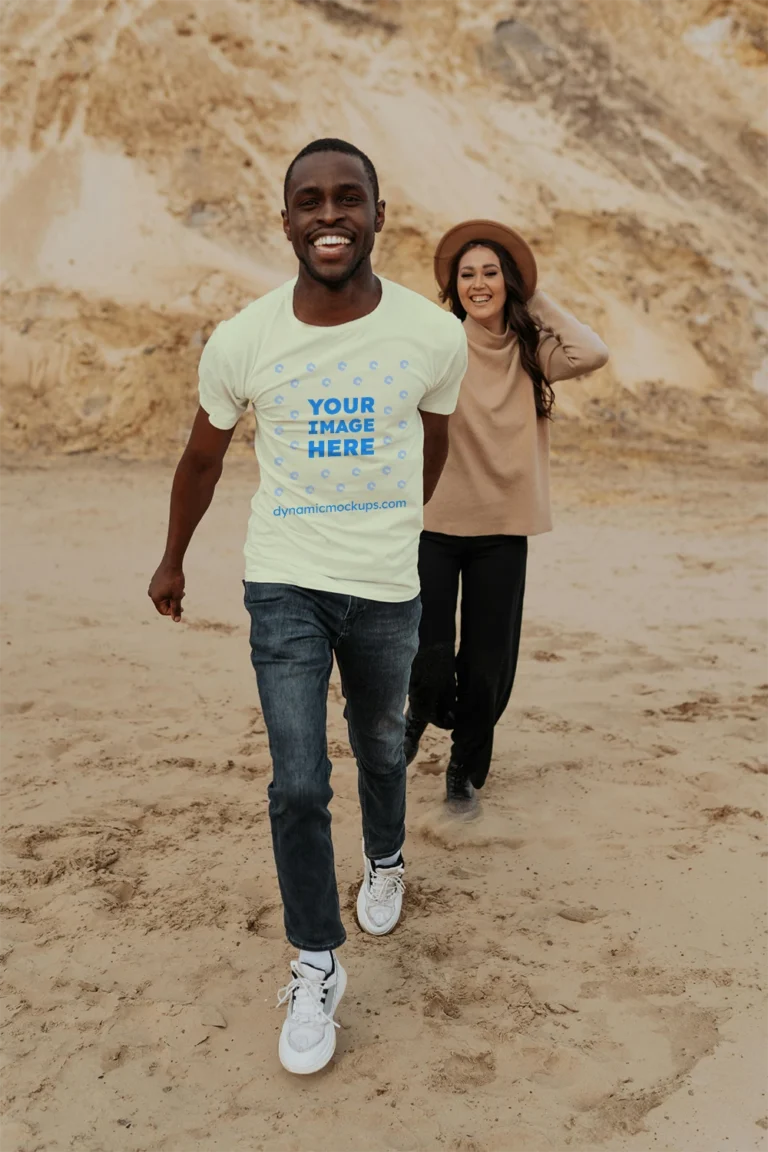 Man Wearing Cream T-shirt Mockup Front View Template