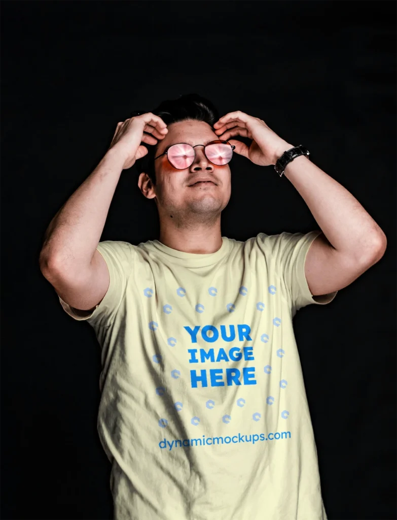 Man Wearing Cream T-shirt Mockup Front View Template