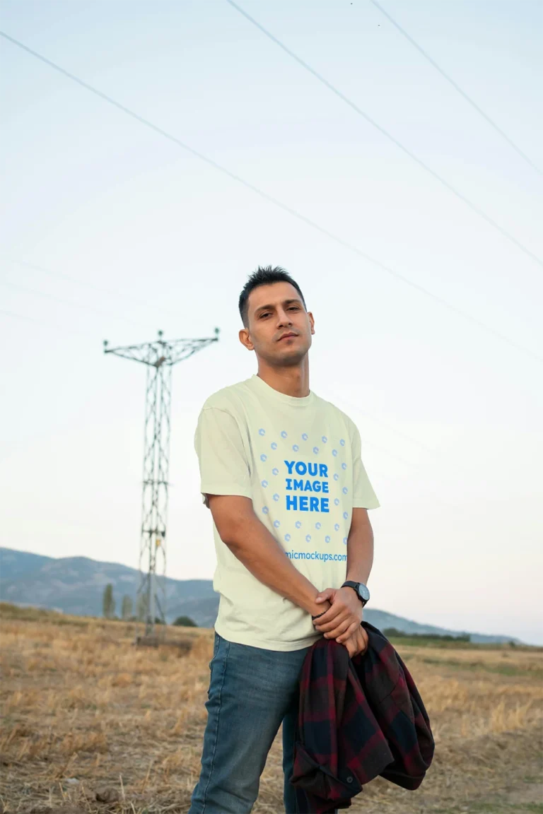 Man Wearing Cream T-shirt Mockup Front View Template