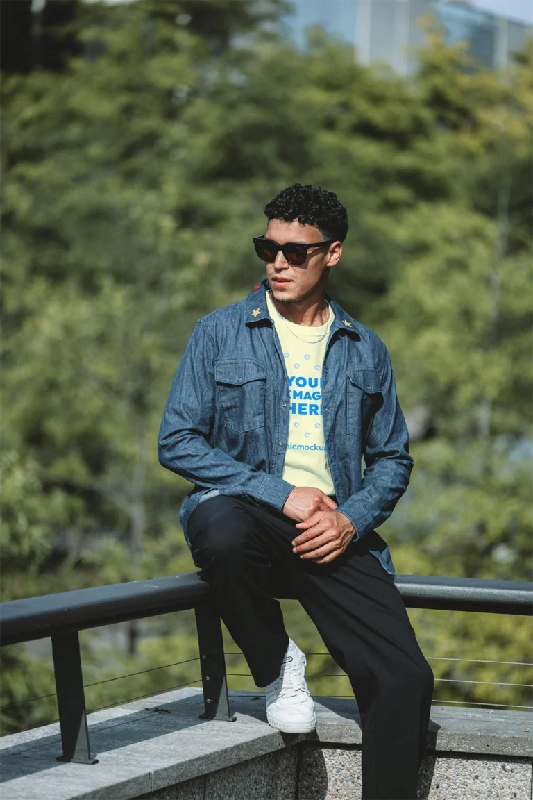 Man Wearing Cream T-shirt Mockup Front View Template