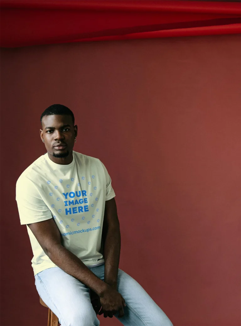 Man Wearing Cream T-shirt Mockup Front View Template