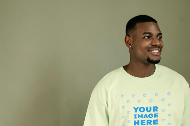 Man Wearing Cream T-shirt Mockup Front View Template