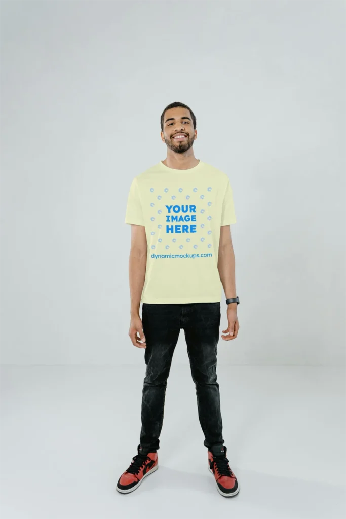 Man Wearing Cream T-shirt Mockup Front View Template