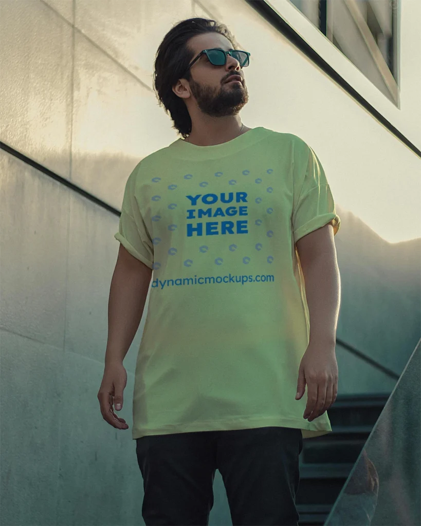 Man Wearing Cream T-shirt Mockup Front View Template