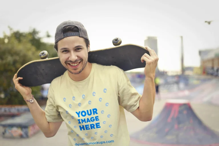 Man Wearing Cream T-shirt Mockup Front View Template