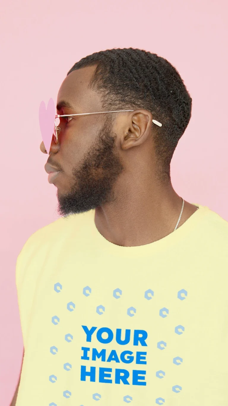 Man Wearing Cream T-shirt Mockup Front View Template