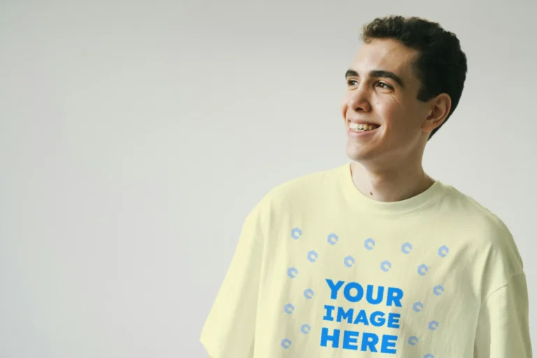 Man Wearing Cream T-shirt Mockup Front View Template