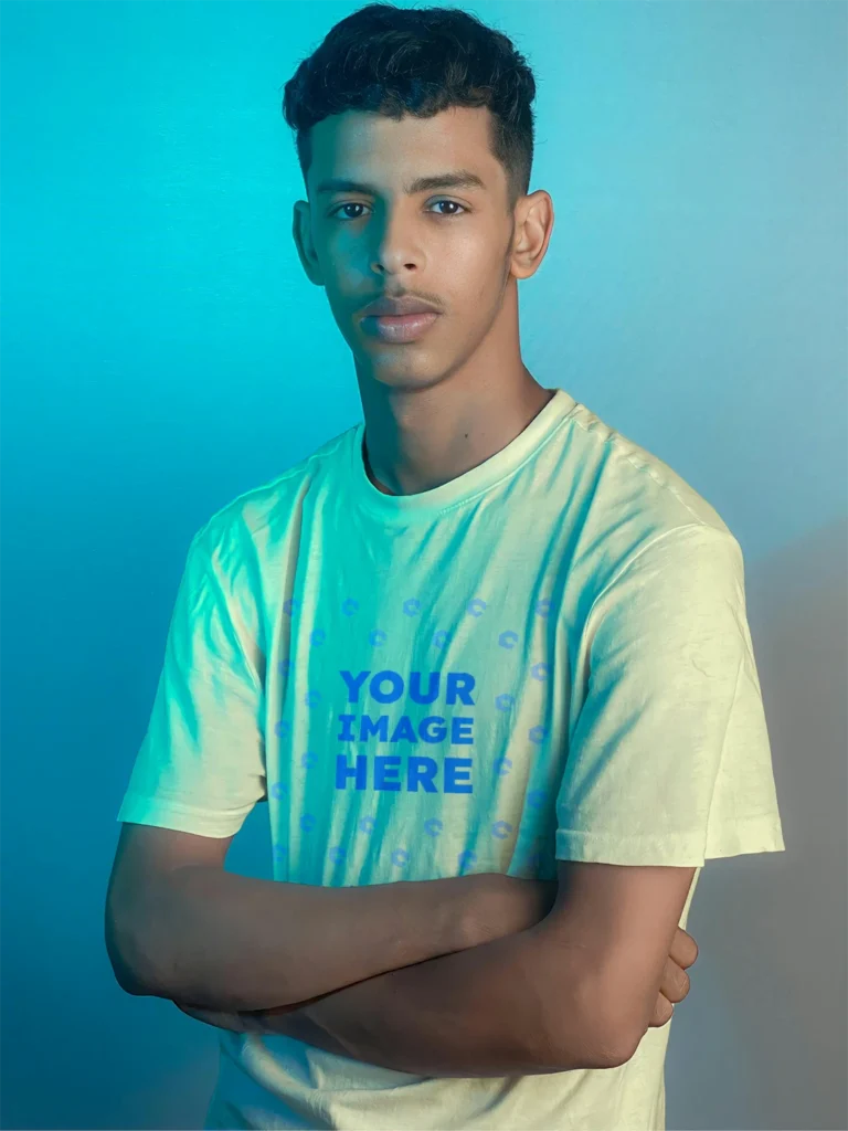 Man Wearing Cream T-shirt Mockup Front View Template