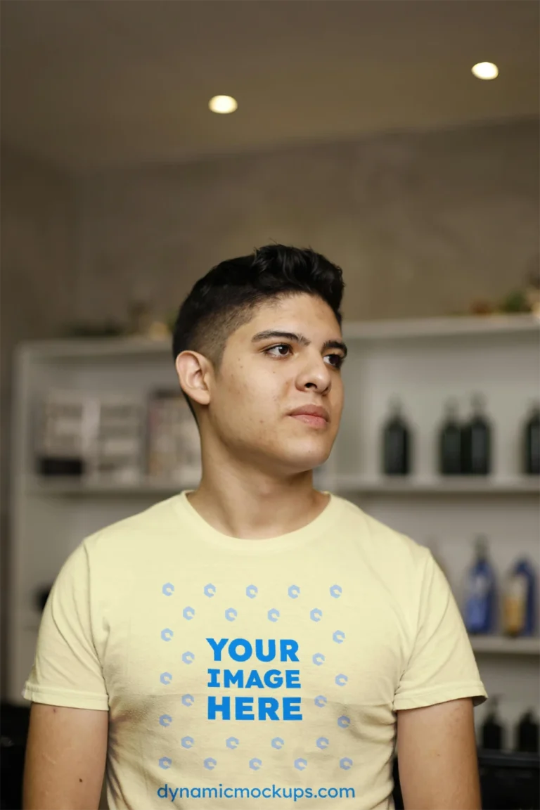 Man Wearing Cream T-shirt Mockup Front View Template