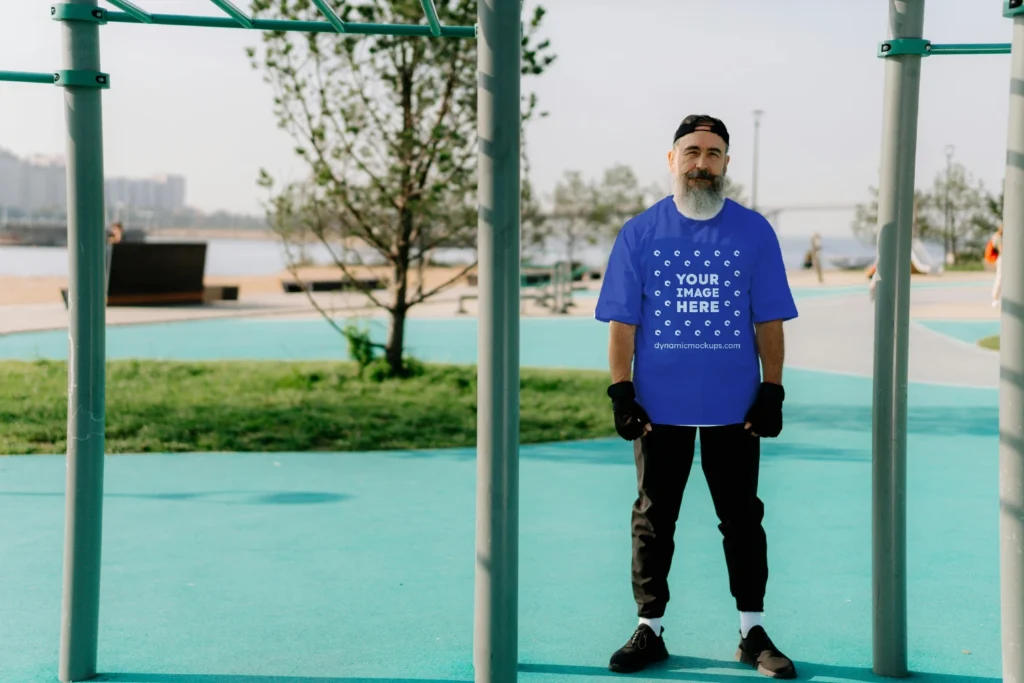 Man Wearing Dark Blue T-shirt Mockup Front View Template