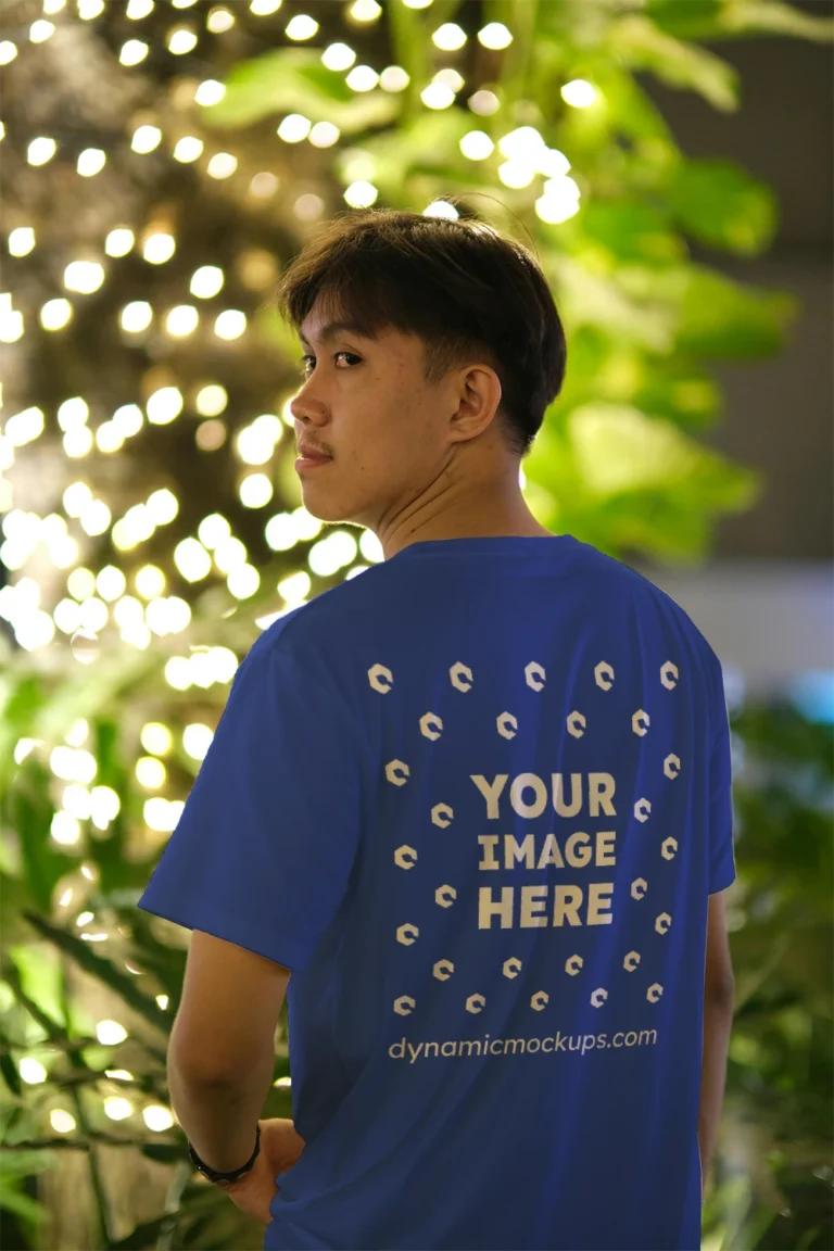 Man Wearing Dark Blue T-shirt Mockup Back View Template