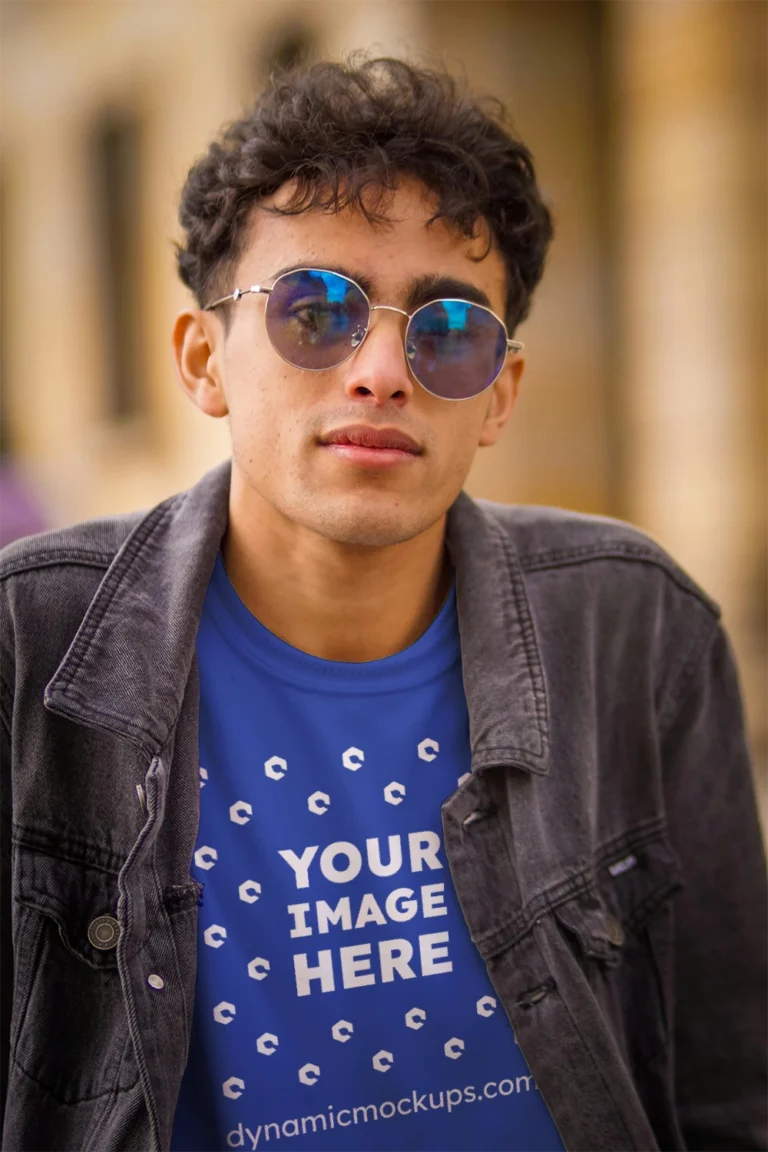 Man Wearing Dark Blue T-shirt Mockup Front View Template