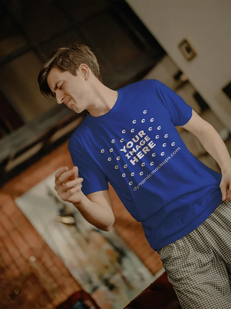 Man Wearing Dark Blue T-shirt Mockup Front View Template