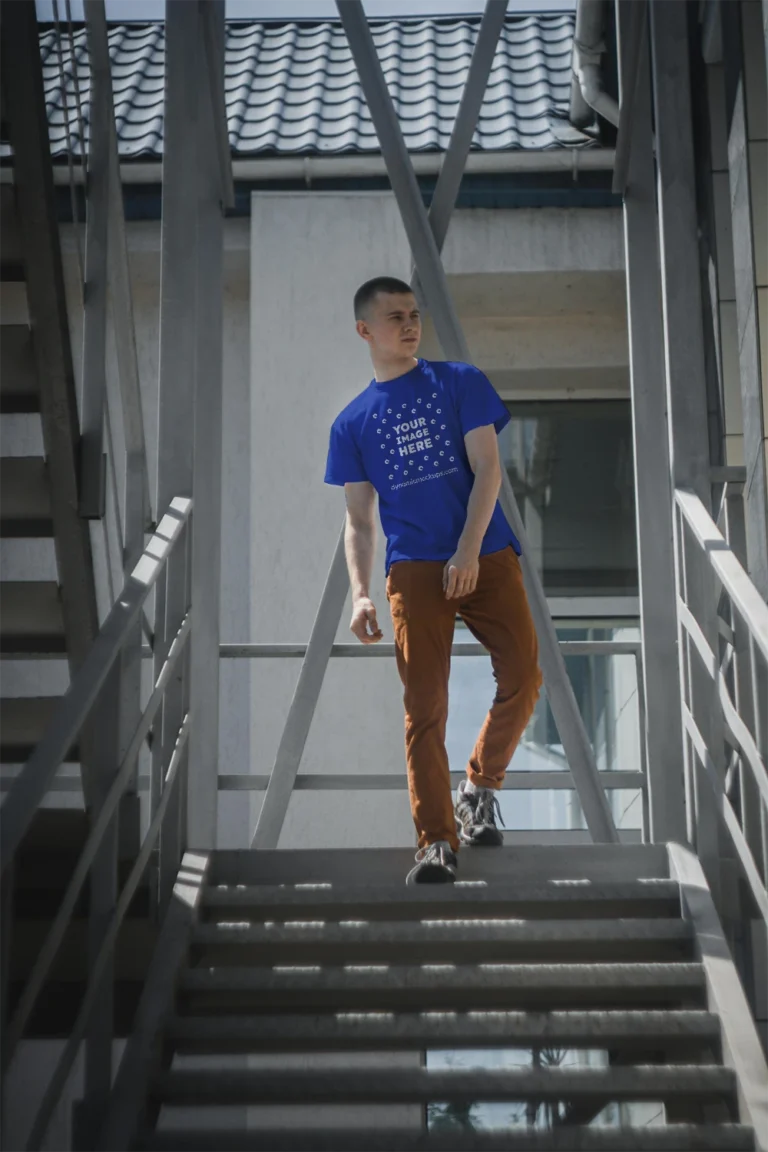 Man Wearing Dark Blue T-shirt Mockup Front View Template