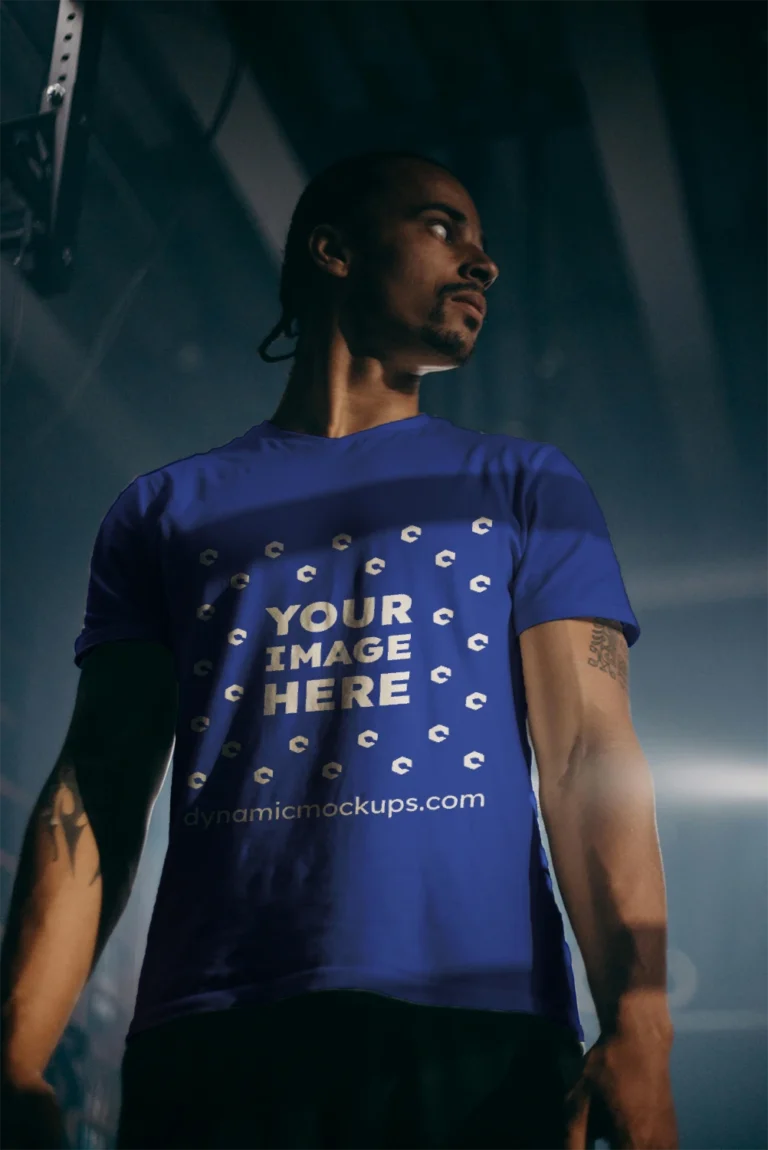 Man Wearing Dark Blue T-shirt Mockup Front View Template