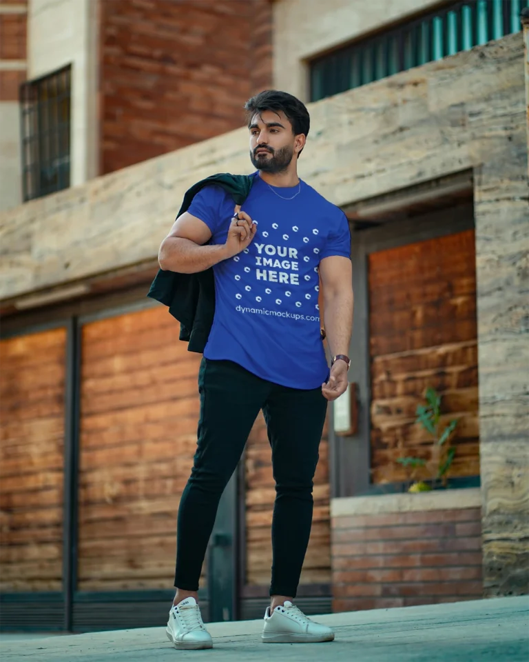 Man Wearing Dark Blue T-shirt Mockup Front View Template