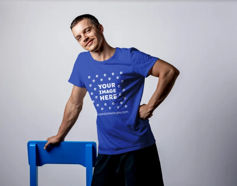 Man Wearing Dark Blue T-shirt Mockup Front View Template