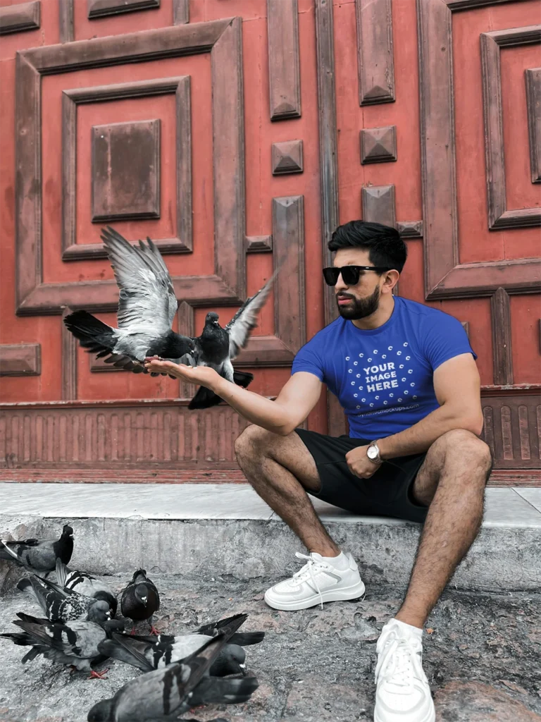 Man Wearing Dark Blue T-shirt Mockup Front View Template