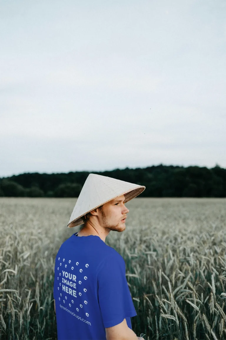 Man Wearing Dark Blue T-shirt Mockup Front View Template