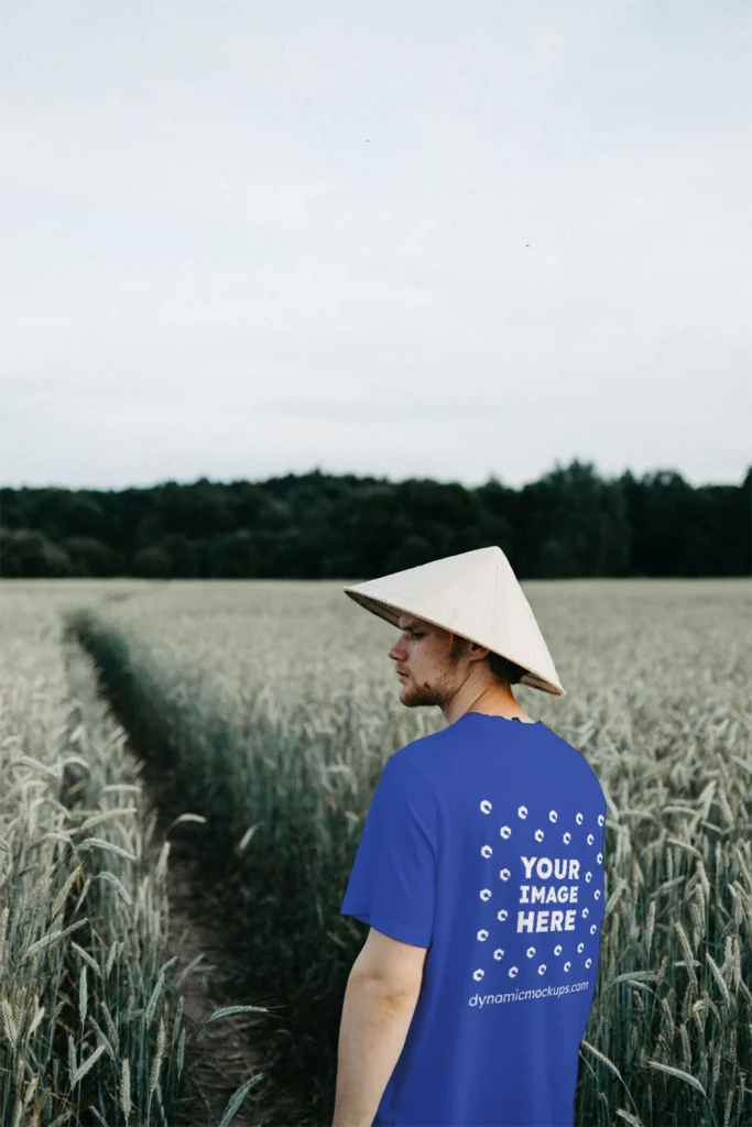 Man Wearing Dark Blue T-shirt Mockup Front View Template