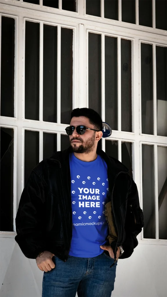 Man Wearing Dark Blue T-shirt Mockup Front View Template