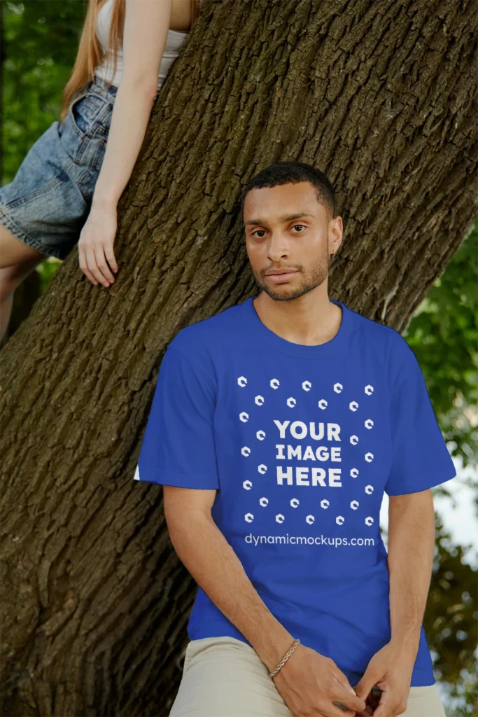 Man Wearing Dark Blue T-shirt Mockup Front View Template