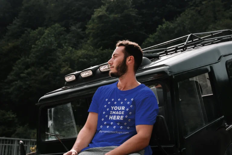 Man Wearing Dark Blue T-shirt Mockup Front View Template