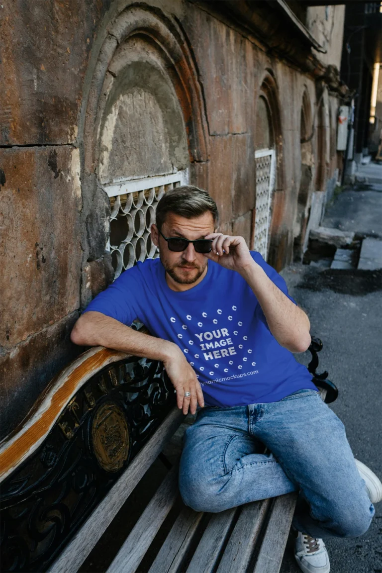 Man Wearing Dark Blue T-shirt Mockup Front View Template